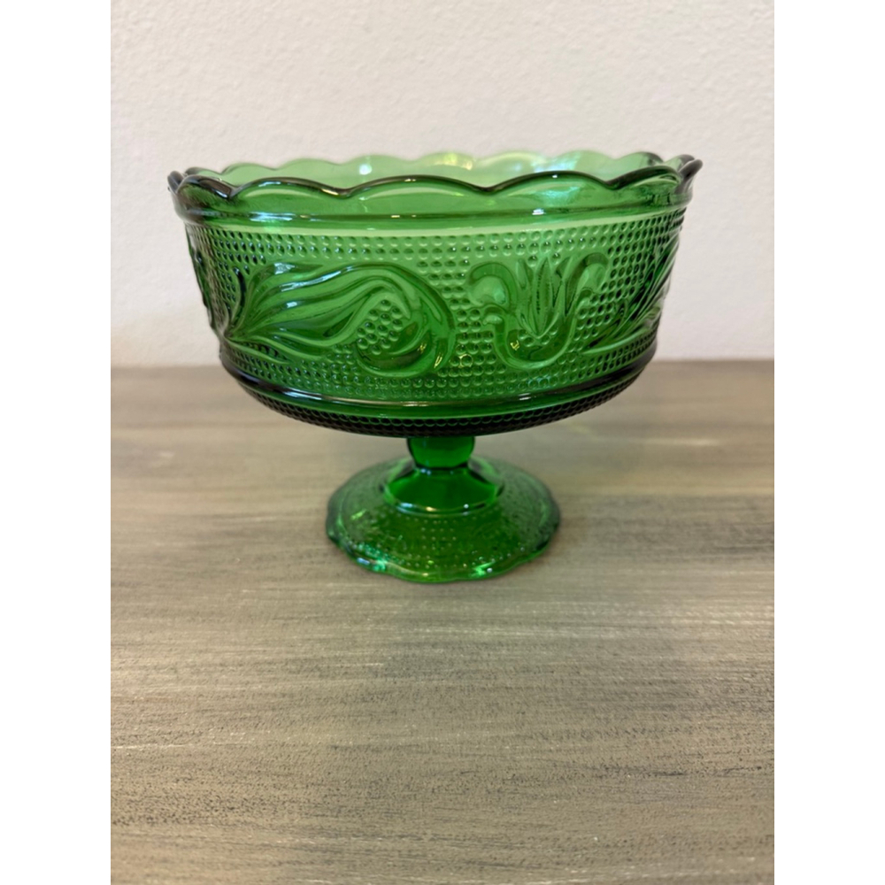 Vintage E.O. Brody Co. Emerald Green Pedestal Glass Bowl Candy Dish MCM